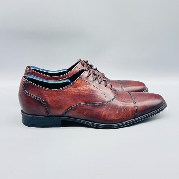 Cole Haan Shoes Mens 9.5 Brown Leather Oxford Cap Toe Slip On Dress Lace Up - Picture 1 of 12
